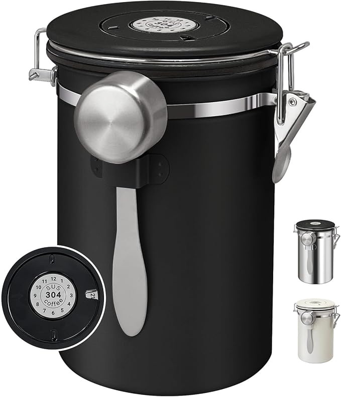 1.8L Airtight Vacuum Coffee Canister, Stainless Steel Storage Container for Coffee Beans and Grounds with Scoop.Suitable for coffee powder, coffee beans, rice, tea leaves, sugar, flour, and grains
