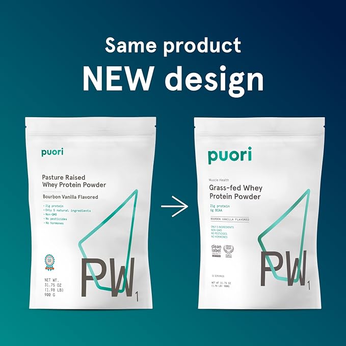 Puori Whey Protein Powder, Bourbon Vanilla - PW1 Pasture-Raised, Grass-Fed Whey Protein Powder Drink Mix containing BCAA Amino Acids - Post-Workout Supplement for Muscle Gain & Recovery - 30 Servings
