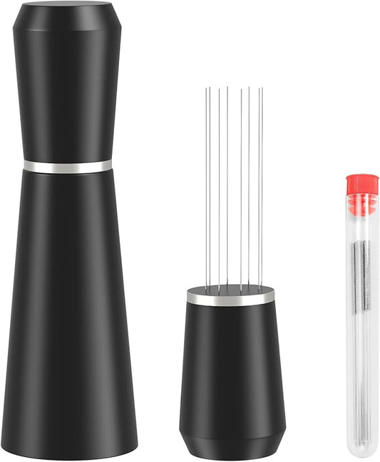 Jeymei WDT Espresso Distribution Tool, 0.35mm 8 Needle Coffee Stirrer with 8 Extra Needles, 304 Stainless Steel, Aluminum Alloy Handle with Stand, Barista Espresso Whisk Tool (Metal Black)