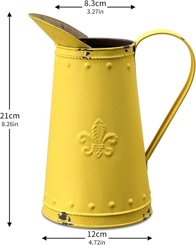 APSOONSELL French Style Shabby Chic Vase Metal Flower Vase Vintage Jug Rustic Farmhouse Decor for Home, Yellow