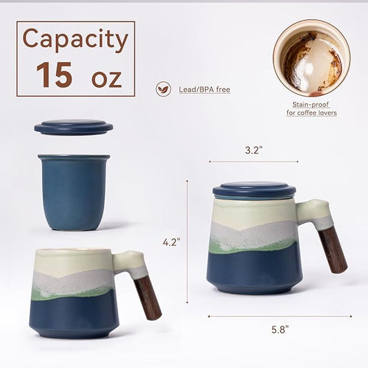 Ceramic Tea Mug with Infuser & Lid, 15oz Kiln-Transformed Unique Cup – Nature's Artisan Design, Loose Leaf Tea Cup with Infuser, Insulated Ceramic Coffee Mugs with Lid, Gift for Women/Men