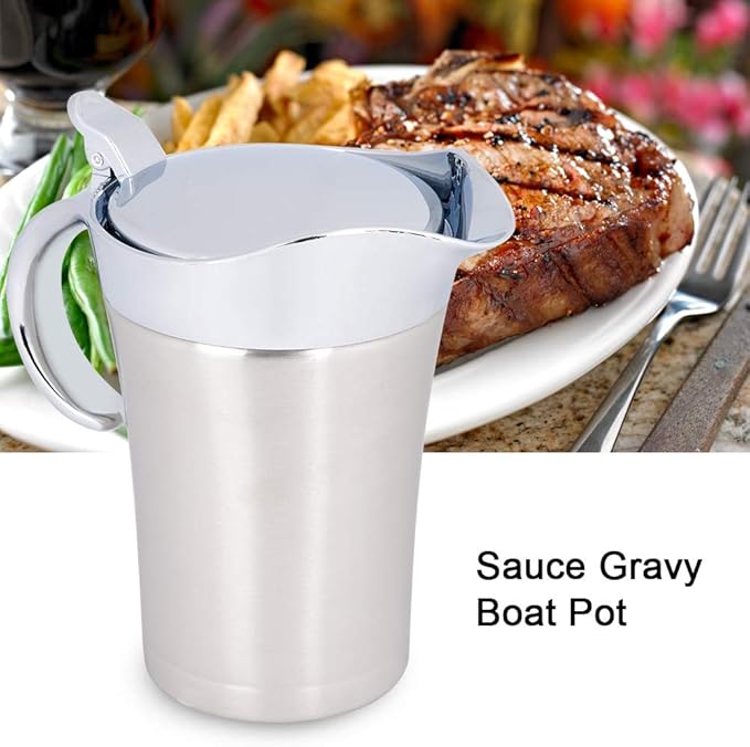Gravy Boat Creamer Pitcher 304 Stainless Steel Thermal Insulated Double Wall Syrup Pitcher with Lid Serving Jug for Store Gravy Custard Milk (Large 750ml)