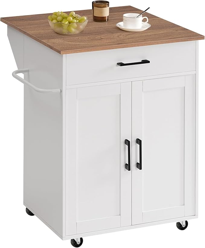 Kitchen Island on Wheels with Drop Leaf, Folding Countertop Kitchen Island Cart, Kitchen Island Table with Towel Rack, Drawer, for Kitchen, Dining Room, White and Walnut KIBZ12501