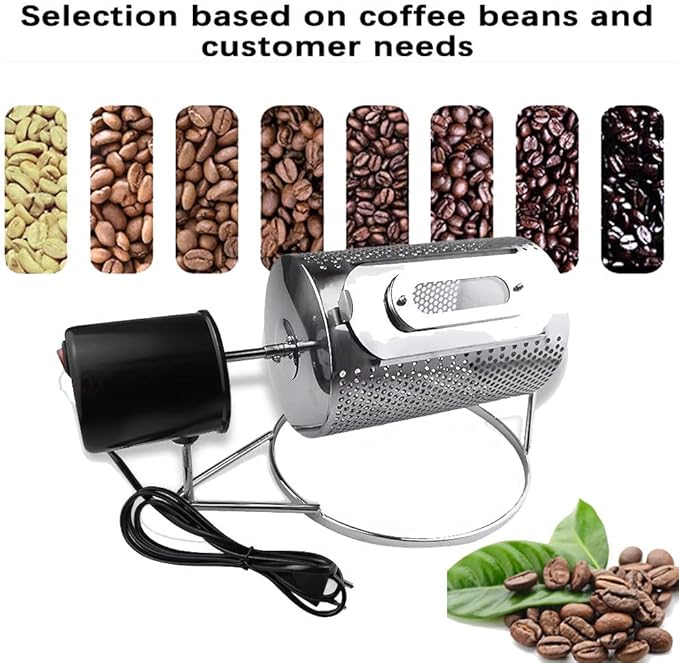 Coffee Roaster Machine for Home Use, Stainless Steel Roasting Machine with Visible Window and Stainless Steel Tray, Speed 30 Rum/Min, 250g Capacity for Grains Baking Nuts Beans