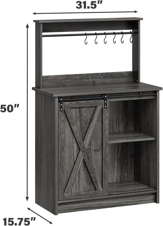 4ever2buy Farmhouse Coffee Bar with Hutch, 31 Inch Buffet Cabinet with Sliding Barn Door, Storage Bar Cabinet with 6 Hooks, Coffee Bar Table with Adjustable Shelves for Living Dining Room, Grey