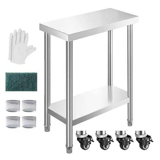 NSF Stainless Steel Table for Prep & Work with Caster 24x12 Inches, Metal Commercial Kitchen Table with Under Shelf and AdjustableTable Foot for Restaurant, Home and Hotel