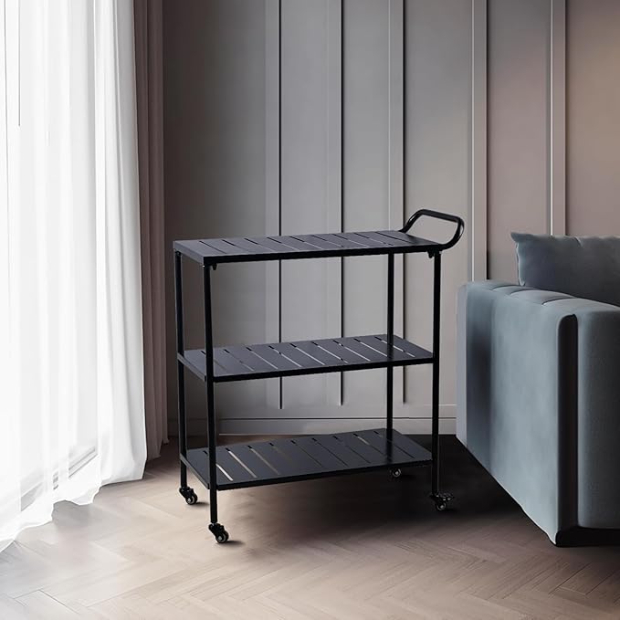 Modern Kitchen Bar Cart on Wheels Metal Rolling Serving Carts with 3 Tier for Storage Mobile Kitchen Island with Lockable Casters and Side Handle for Outdoor& Indoor -33.5 * 15.7 * 37.2inch(L*W*H)