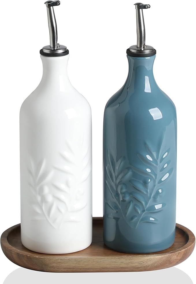 Sweejar Ceramic Olive Oil Dispenser Bottle, 20 Oz Relief Opaque Oil Cruet Protects To Reduce Oxidation, Suitable for Storage Vinegar, Soy Sauce,Liquids,Set of 2 (WhiteFogblue)