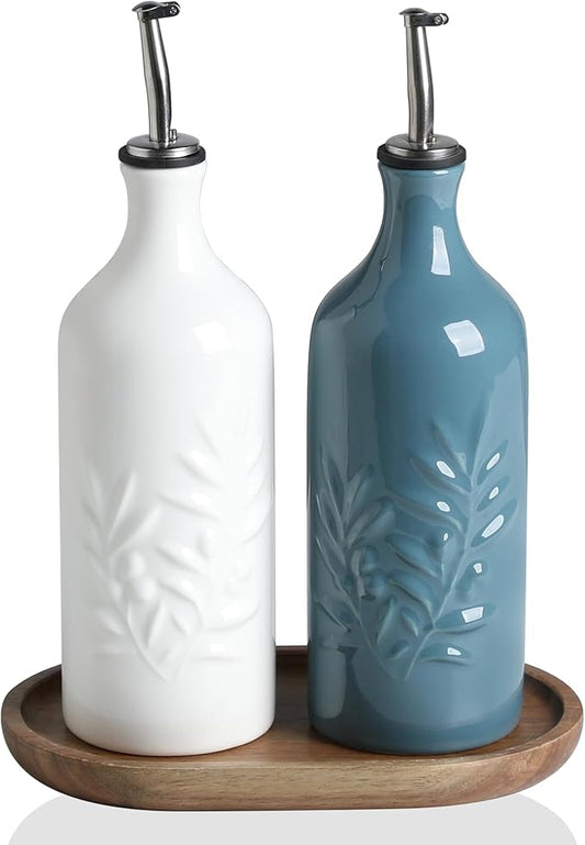 Sweejar Ceramic Olive Oil Dispenser Bottle, 20 Oz Relief Opaque Oil Cruet Protects To Reduce Oxidation, Suitable for Storage Vinegar, Soy Sauce,Liquids,Set of 2 (WhiteFogblue)