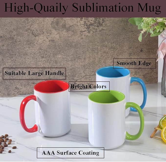 Sublimation Mugs, 15oz, 6 Assorted Colors 12Pack