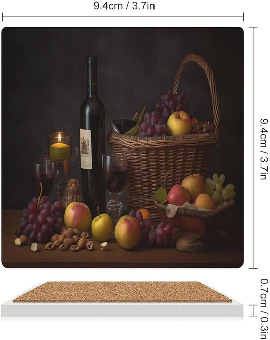 Red Wine Drink Coasters, Square Ceramic Drink Coaster Square-4PCS, Red Wine Bottle and Grapes on Wood Fruit Print Decor Absorbent Ceramic Coasters for Beverage Cup, Bar, Coffee Table
