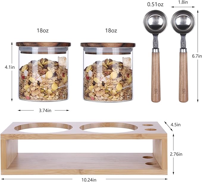 KKC HOME ACCENTS Airtight Borosilicate Glass Food Storage Jars with Wood Lids and Scoop for Coffee,Tea,Sugar,Salt,Wooden Top Glass Sealed Jars,18 Fluid Ounces