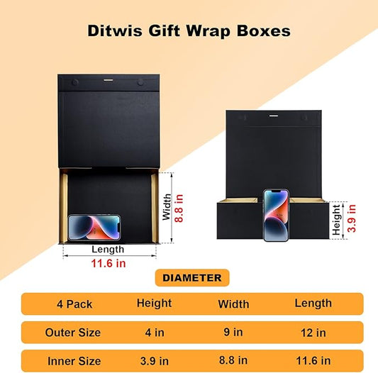 4 Pack 12x9x4 Inches Gift Boxes with Magnetic Closure Lids, Black-Gold Magnetic Box with Ribbon for Wedding, Groomsmen Bridesmaid Proposal, Birthdays, Mother's Day