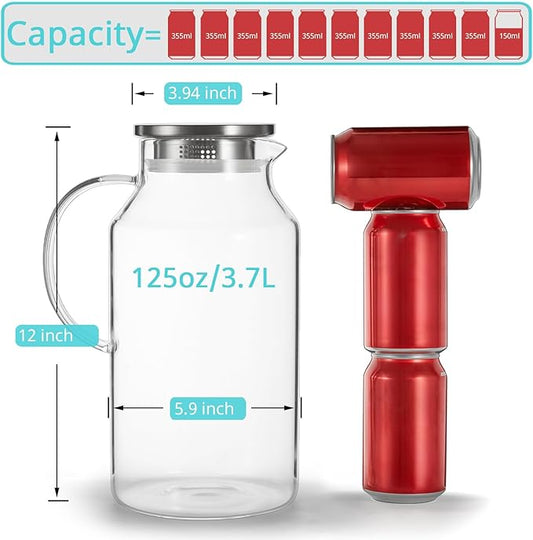 Bivvclaz 1 Gallon Glass Pitcher with Lid and Handle, Glass Water Pitcher for Fridge, Glass Carafe for Hot/Cold Water, Iced Tea Pitcher, Large Jug for Coffee, Juice and Homemade Beverage