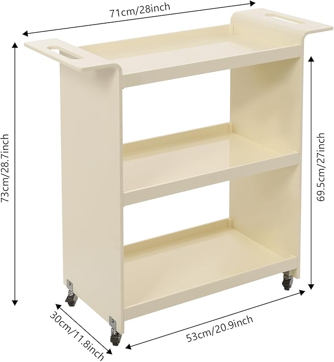 Rolling Serving Cart 3-Tier Small Bar Cart with Lockable Casters Storage Rolling Trolley 66lbs Capacity Mobile Kitchen Trolley for Home, Kitchen, Cafe (28 * 11.8 * 28.7in, Milky White)
