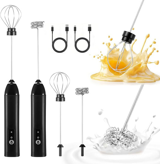 Milk Frother Handheld Rechargeable(Set of 2), Electric Whisk Foam Maker with Detachable Stainless Whisks, 3 Speed Adjustable Hand Drink Mixer for Coffee, Frother Wand for Lattes, Protein, Matcha, Egg