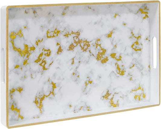 MAONAME White Decorative Tray with Handles, Plastic Serving Tray for Coffee Table, Marbling Rectangular Tray for Ottoman, Bathroom, Storage, 15.8" Lx 10.2" W X 1.4" H