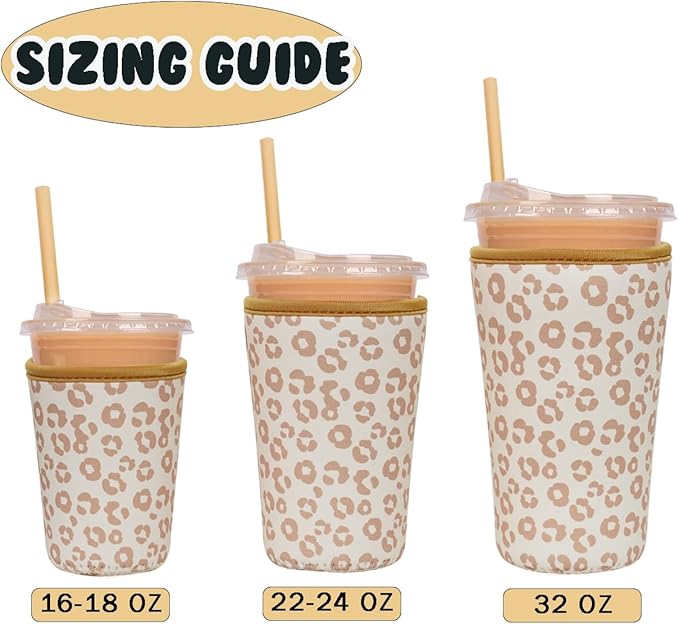 Reusable Insulated Neoprene Iced Coffee Cup Sleeve, Durable Drink Sleeve for Cold Beverages, Beverage Holder for Iced Coffee, Leopard Grace