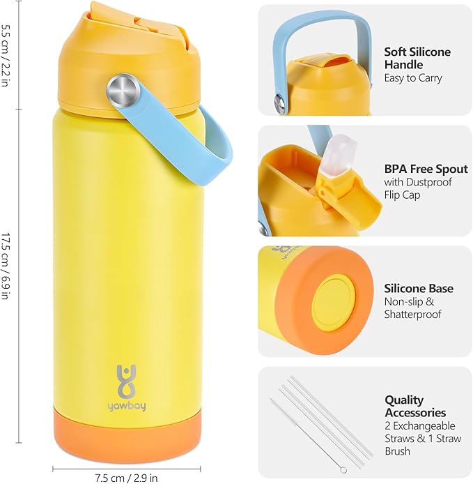 18oz Kids Insulated Water Bottle with Straw Lid & Silicone Handle,Kids Leak Proof Water Bottle for School Boys Girls,Double Wall Vacuum Stainless Steel with Non-slip Silicone Base(Yellow)