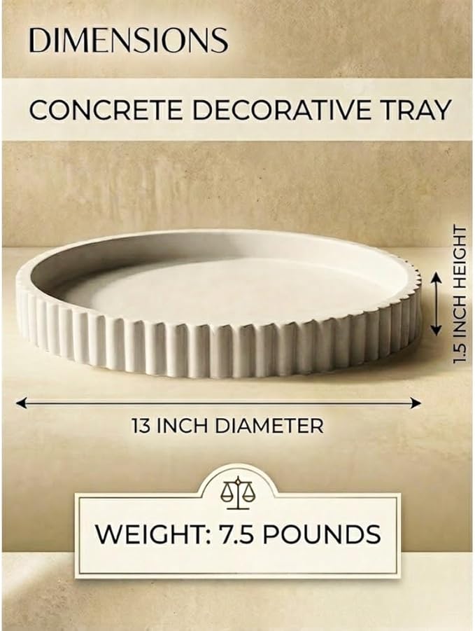13-Inch Concrete Round Tray Home Decor for Coffee Table Decor - Round Coffee Table Tray - Circular Kitchen Island Trays - Decorative Trays- Gray