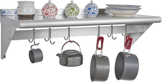 Hally Stainless Steel Shelf with 6 Hooks 12" x 36" Wall Mounted Pot Rack, NSF Commercial Floating Shelving for Storage Hanging Pots, Pans, cookware in Restaurant, Kitchen, Home and Hotel