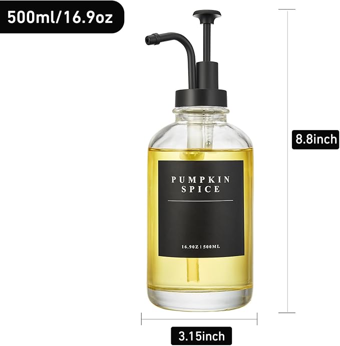 Coffee Syrup Dispenser for Coffee Bar, Coffee Syrup Pump Dispenser, Glass Syrup Bottle with Black Upgraded Pump, 1 Pack 16.9 oz 500 ml Syrup Dispensers, 28 Labels
