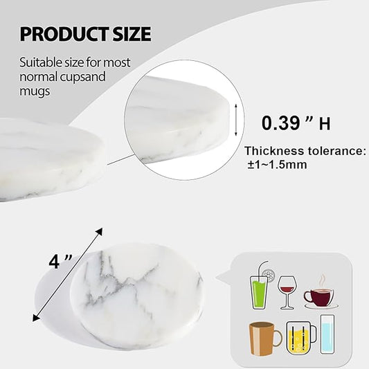 BCS Marble Coasters Set of 6 with Holder - Premium White Stone Drink Coasters, Durable Cup Mats for Coffee, Beer, Wine - Non-Slip Modern Table Decor for Home, Office, Dining