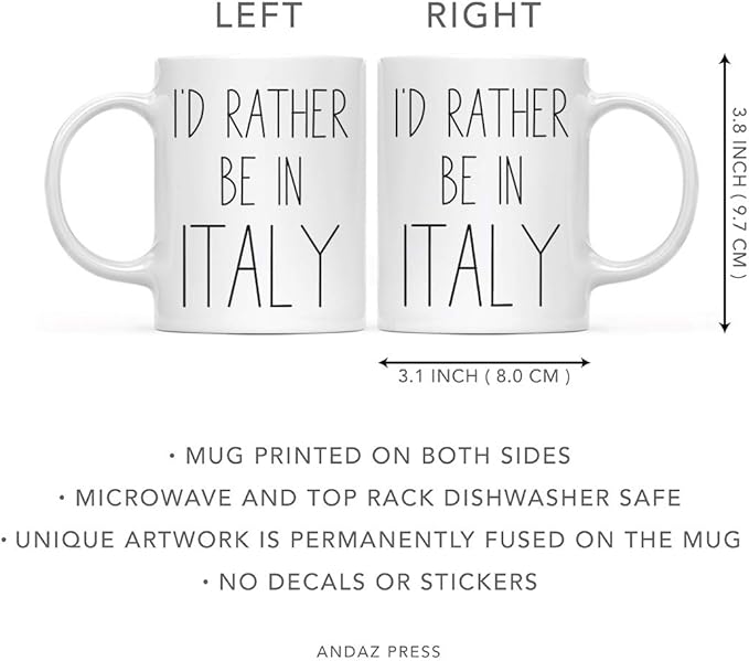 Andaz Press World Country Adventure 11oz. Coffee Mug Gift, I'D Rather Be In Italy, 1-Pack, Summer Vacation College Going Away Study Abroad Birthday Christmas Italian Mug Italy Coffee Mug Italy Mug