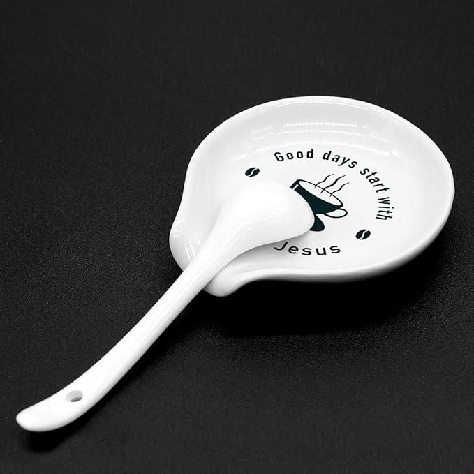 Funny Coffee Quote Ceramic Coffee Spoon Holder-Coffee Spoon Rest -Coffee Station Decor Coffee Bar Accessories-Coffee Lovers Gift for Women and Men (Good Days Start With Coffee and Jesus)