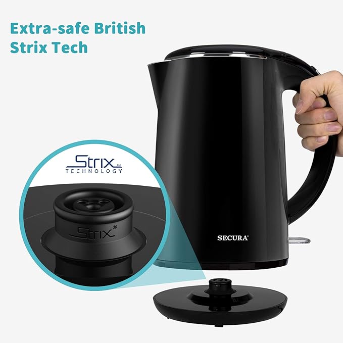 Secura Original Stainless Steel Double Wall Electric Water Kettle 1.8 Quart with Auto Shut-Off & Boil-Dry Protection, Black Onyx SWK-1701DA/HB-3227B