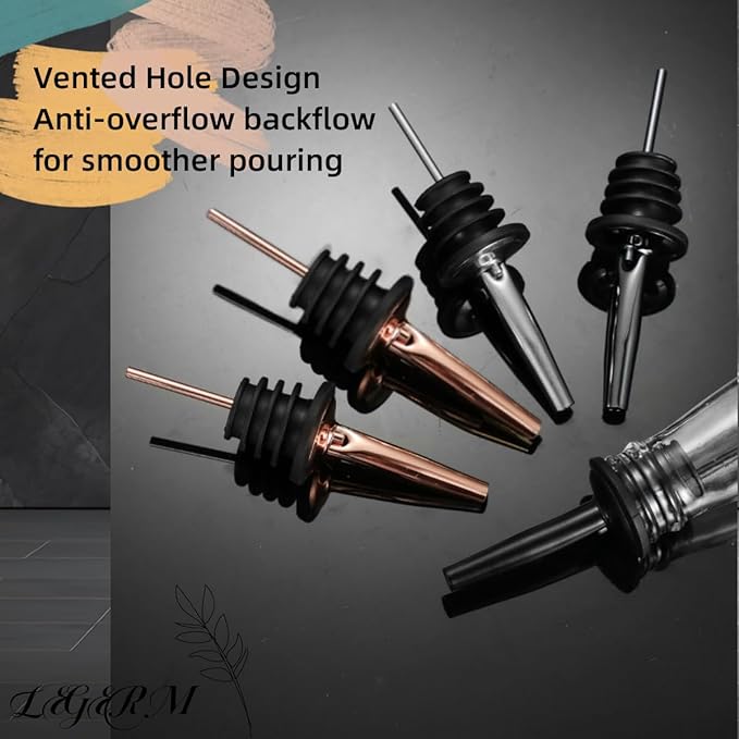 LEGERM Food-Grade Stainless Steel Liquor Pour Spouts with Dust Caps | Leak-Proof Speed Pourer for Liquor & Alcohol Bottles - Brushed Silver, Matte Black, Rose Gold