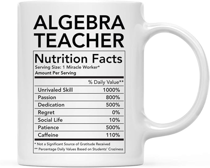 Andaz Press Funny 11oz. Ceramic Coffee Tea Mug Thank You Gift, Algebra Teacher Nutritional Facts, 1-Pack, Novelty Gag Birthday Christmas Gift Ideas Coworker