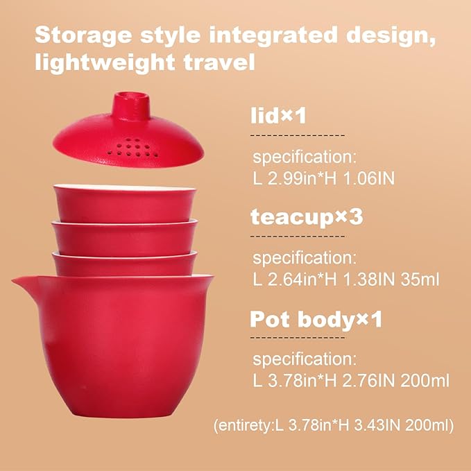 Porcelain Chinese Gongfu Tea Sets for Adults Ceramic japanese Tea Set Portable Kungfu Gaiwan Teapot and Cup Set Small Travel Teaset with Lid for Home Gifting Outdoor and Office (Red)