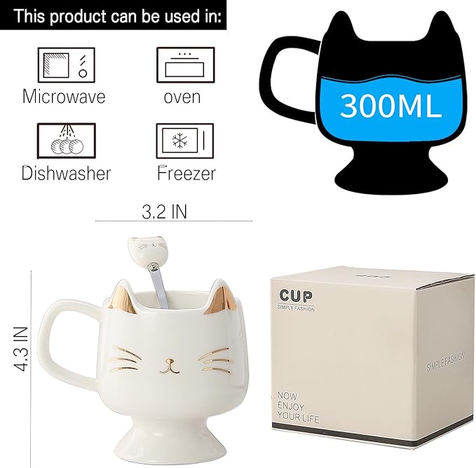 Yuwu Ceramic Coffee Mug, Cute Cat Tea Mug with Spoon, Funny Gifts for Women Girls for cat lovers (White)