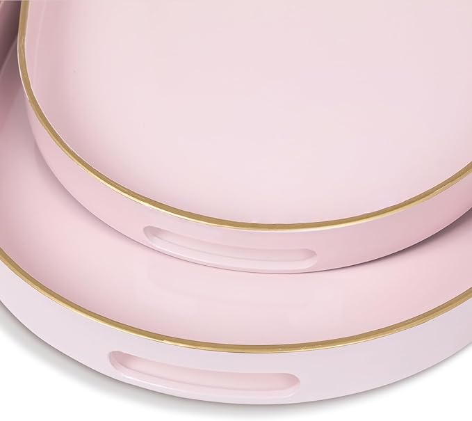 MAONAME Pink Serving Trays with Handles, Oval Decorative Trays for Coffee Table, Nesting Tray Set of 2, Plastic Vanity Tray for Ottoman, Living Room