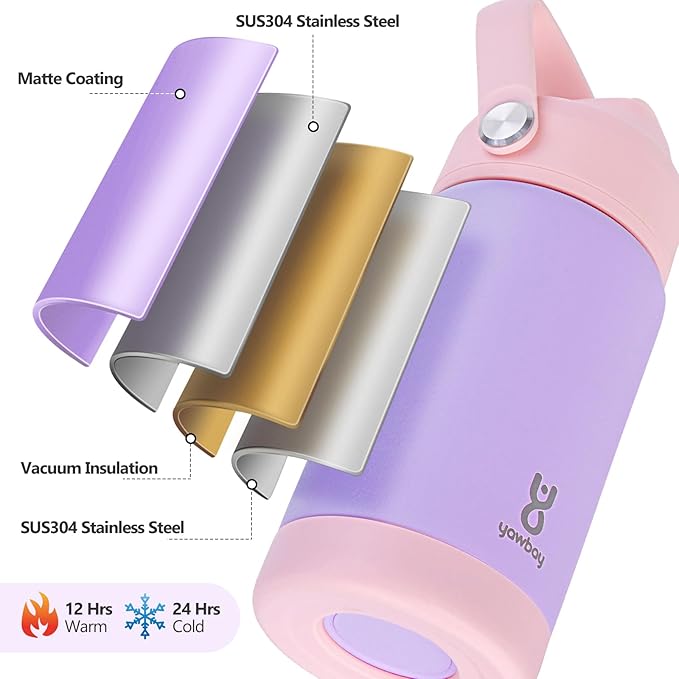 Kids Insulated Water Bottle with Straw Lid & Silicone Handle,12oz Kids Leak Proof Water Bottle for School Boys Girls,Double Wall Vacuum Stainless Steel with Non-slip Silicone Base(Light Purple)