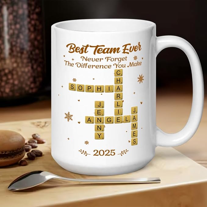 Joymade Personalized Ceramic Coffee Mug, Funny Custom Mug for Bestie, Friends, Couple, Coworker, Snowman Lovers (Best Team Ever Scrabble)