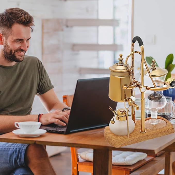 DS&DV Vintage Belgium Pot Luxury Family Balance Syphon Siphon Coffee Maker,Gold Color Belgium Pot for Camping and Traveling Personal Coffee Bar (Gold Coffee Maker)