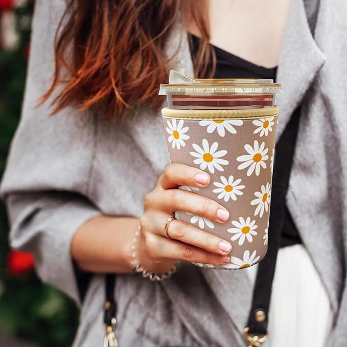Reusable Insulated Neoprene Iced Coffee Cup Sleeve, Durable Drink Sleeve for Cold Beverages, Beverage Holder for iced coffee, Sunny Daisies
