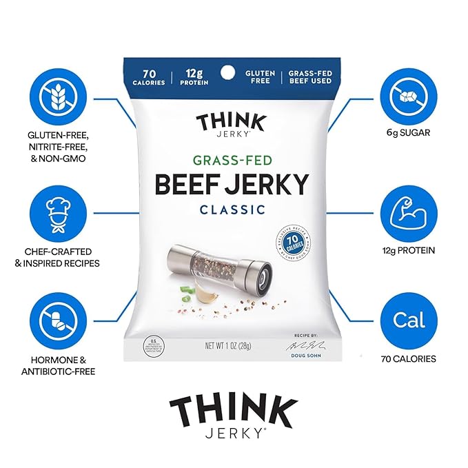 Think Jerky Classic Beef Jerky, Grass-Fed High Protein Beef, Gluten Free, No Antibiotics or Nitrates, Healthy Chef Crafted Recipe, Low Calorie and Low Fat - 1.0 oz Bags, 12 Pack