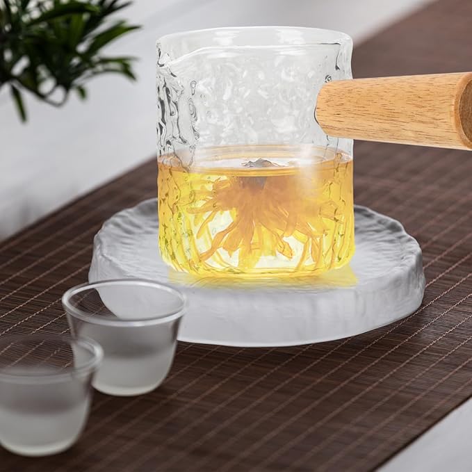 Hammered Glass Espresso Shot Cup with Wood Handle - 100ml / 3.4oz Small Milk Creamer Pitcher with Spout - Heat Resistant Borosilicate Glass Measuring Cup for Coffee, Latte, Syrup, Sauces