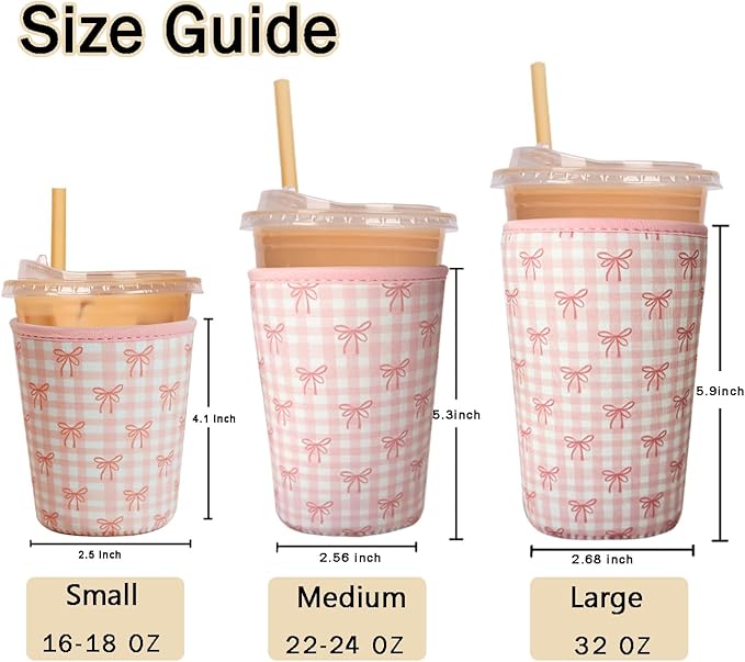 Reusable Insulated Sleeve for Iced Coffee Cup, Coffee Neoprene Sleeve for Cold & Hot Drinks, Beverage Holder for Iced Coffee (Lovely Bows, Small: 16-18oz)