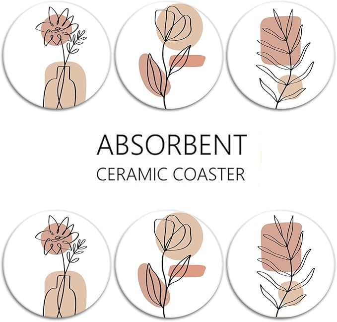 Britimes Table Coaster for Drinks Set of 6, Flowers Beauty Woman Boho One Coffee Absorbent Round Ceramic Stone Mat, with Cork Base and Metal Holder, Gift for Housewarming Room Bar Decor