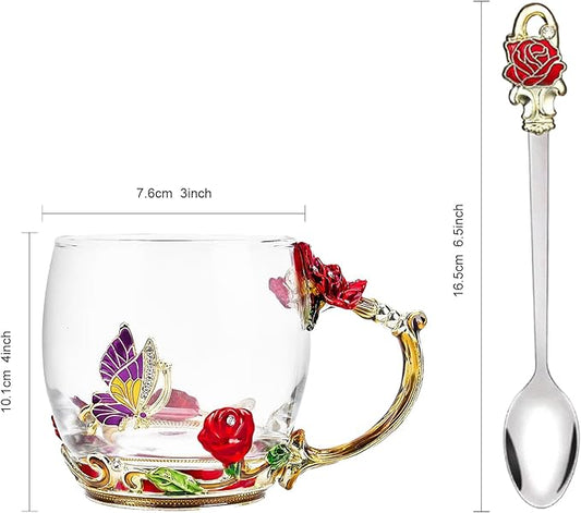 Flower Tea Cup,Butterfly Daisy Glass Fancy Coffee Mug with Spoon,Gift Box for Her Mom Wife Grandma Girls Friends Valentines Christmas Birthday Present Idea for Juice,Hot/Cold Drinks Use (Red rose)