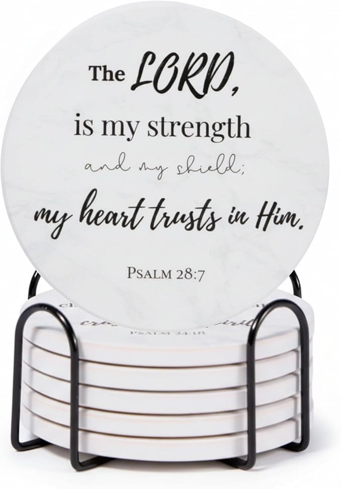Christian Coasters Set of 6 with Holder– Ceramic Absorbent Drink Coasters for Coffee Table Desk, Modern Cute Moisture Absorbing Coasters, Christian Gifts Alternative to Cork, Silicone or Glass Coaster