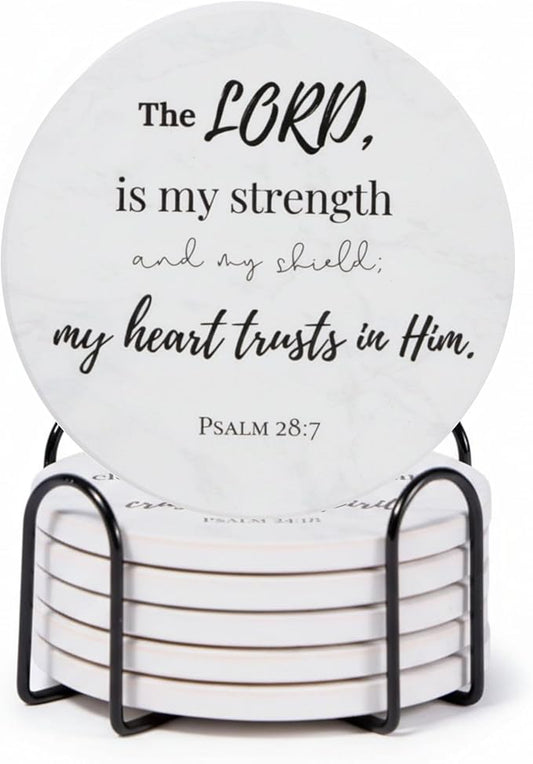 Christian Coasters Set of 6 with Holder– Ceramic Absorbent Drink Coasters for Coffee Table Desk, Modern Cute Moisture Absorbing Coasters, Christian Gifts Alternative to Cork, Silicone or Glass Coaster