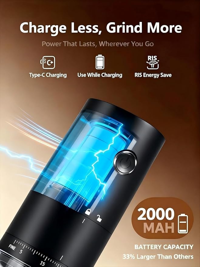 LAMIDO Portable Electric Burr Coffee Grinder - Grind While Charging - 38 External Adjustable Grind Settings - 1.8X Faster Grinding - 2000 mAh Rechargeable Battery for Travel, Camping - Matte Black