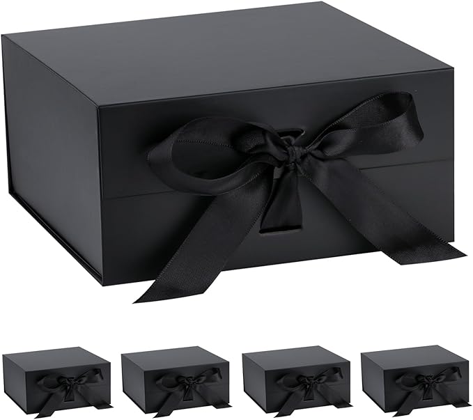 OEMVALATY Black Gift Box,12x10x5 Inches Gift Boxes with Lids for Presents with Magnetic Closure and Ribbon for Wedding,Storage,Birthday(5-Pack)