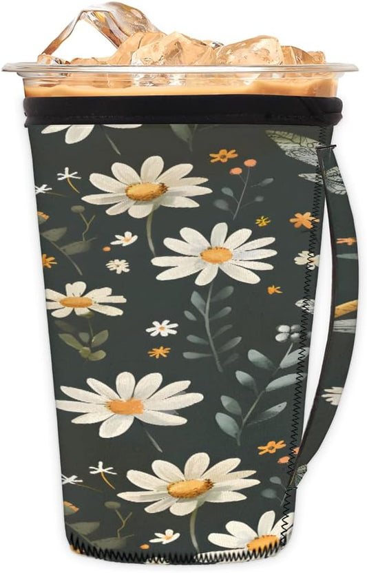 Reusable Iced Coffee Cup Sleeve Butterfly Daisy Neoprene Insulated Sleeves Cup Holder with handle Idea for 24oz - 28oz