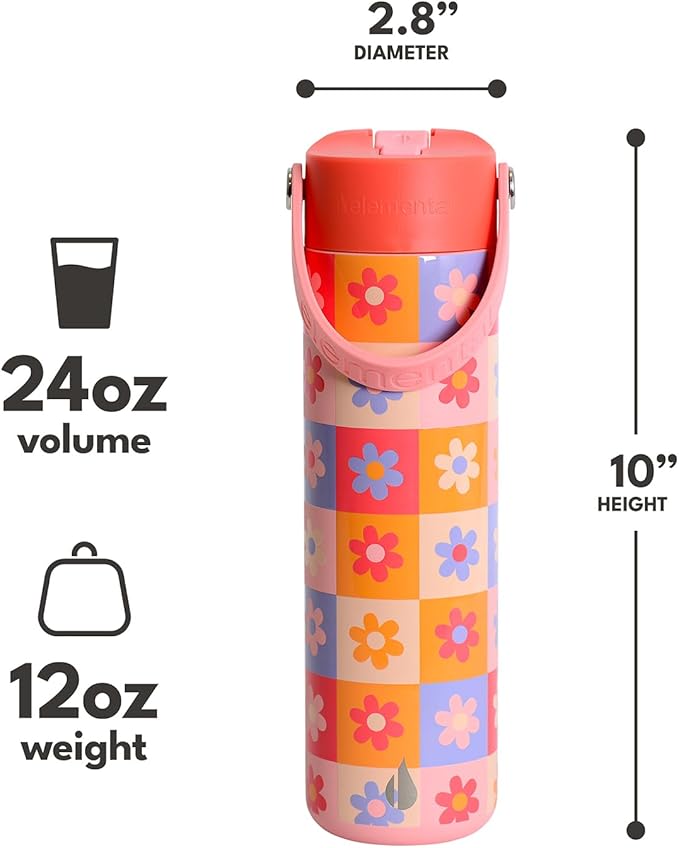 Elemental 24oz Insulated Water Bottle with Straw - 100% Leak-Proof Stainless Steel Core Water Bottles for Travel, Sports and Gym - Double Wall Insulation & BPA Free - Checkered Flower